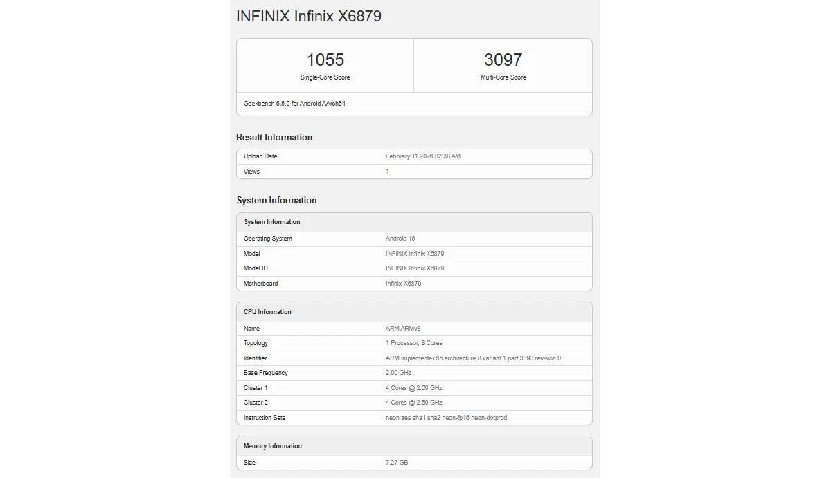 Результаты Geekbench Infinix Note 60 раскрывают MediaTek Dimensity 7400
